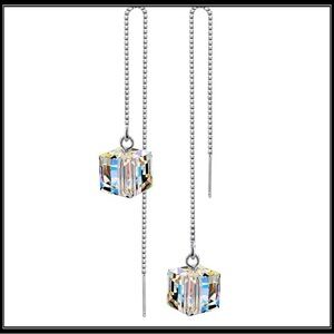 NEW LONG COLORFUL CRYSTAL PRISM SQUARE SILVER DROP CHAIN EARRINGS